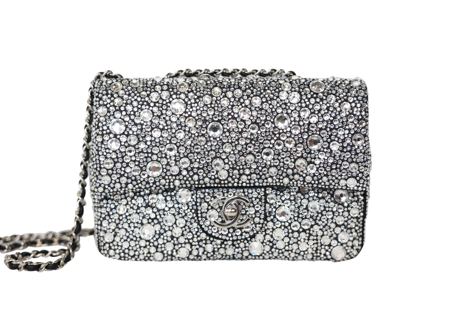 Chanel Flap Mini, Strass Rhinestone and Black Satin with Silver Hardware, Preowned in Box MA001