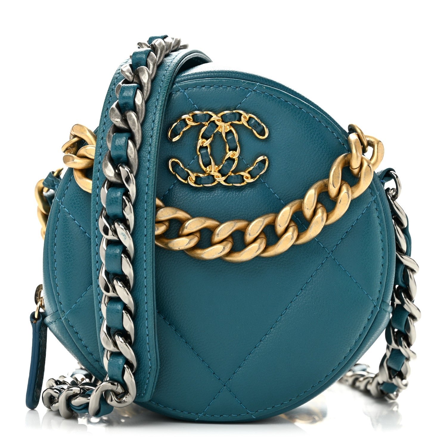 Chanel Goatskin Quilted Chanel 19 Round Clutch With Chain Blue