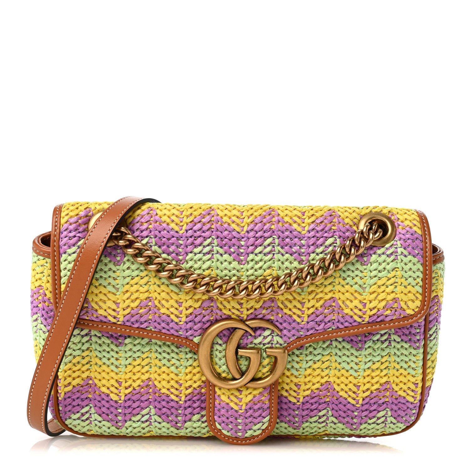 Gucci Calfskin Raffia Woven Small GG Marmont Shoulder Bag Multicolor