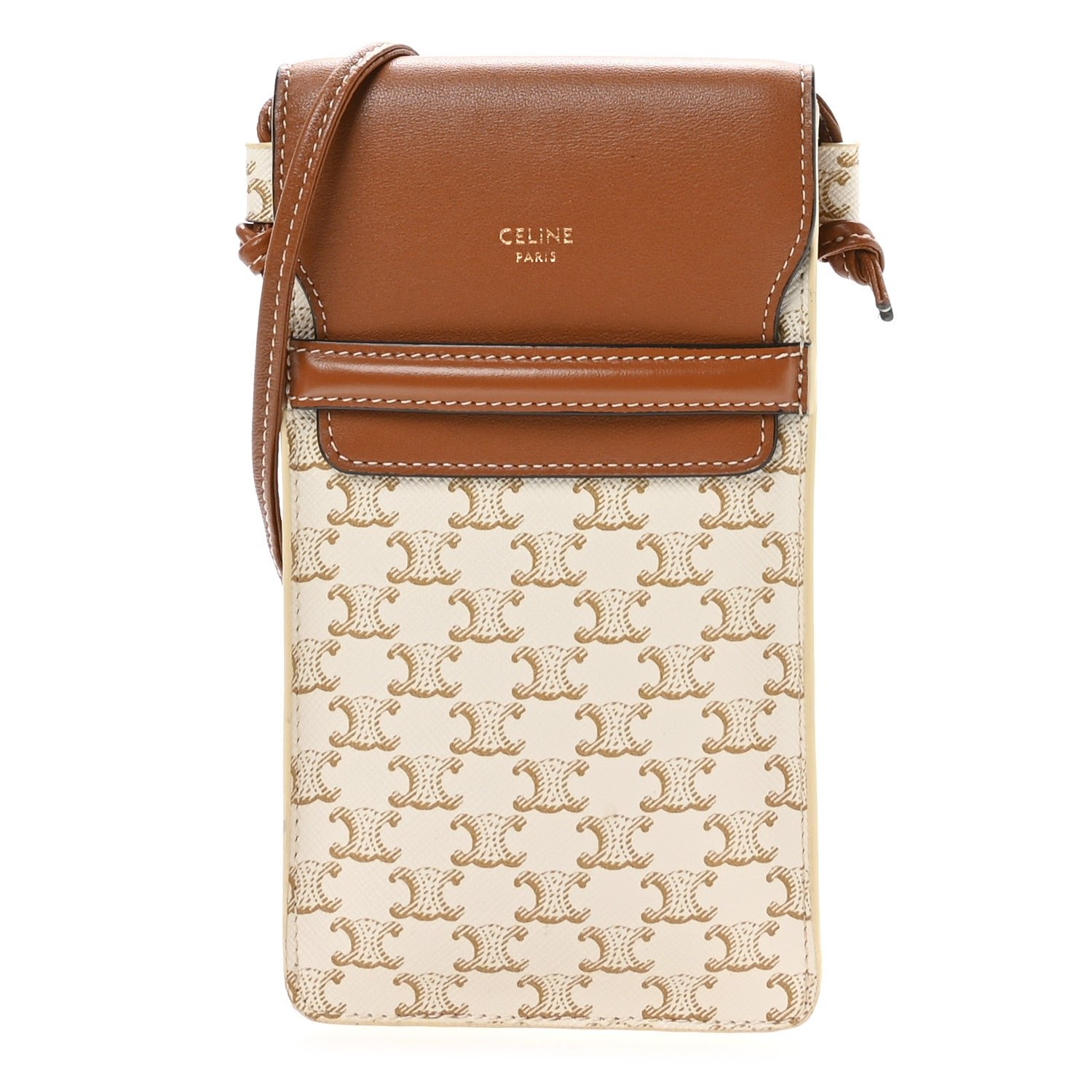 Celine Triomphe Canvas Lambskin Phone Pouch With Flap White Tan