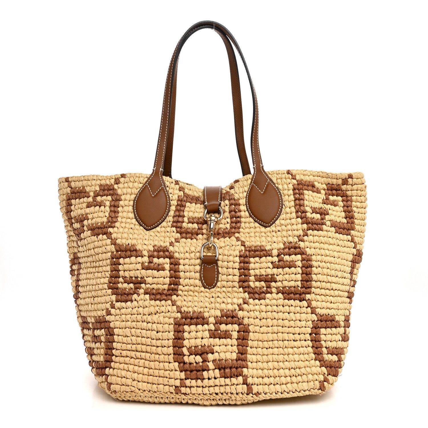 Gucci Raffia Woven Monogram Jumbo Medium Tote Natural Brown