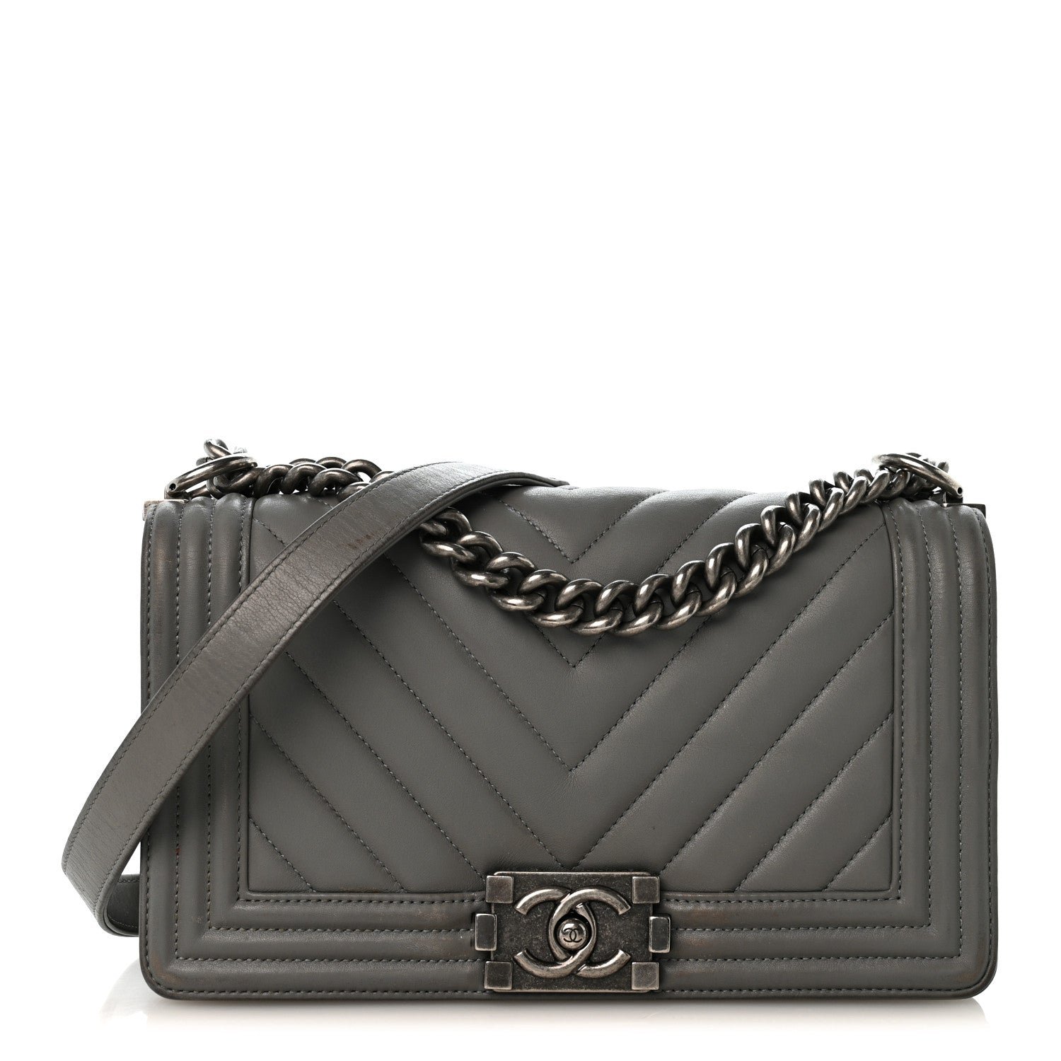 Chanel Lambskin Chevron Quilted Medium Boy Flap Grey