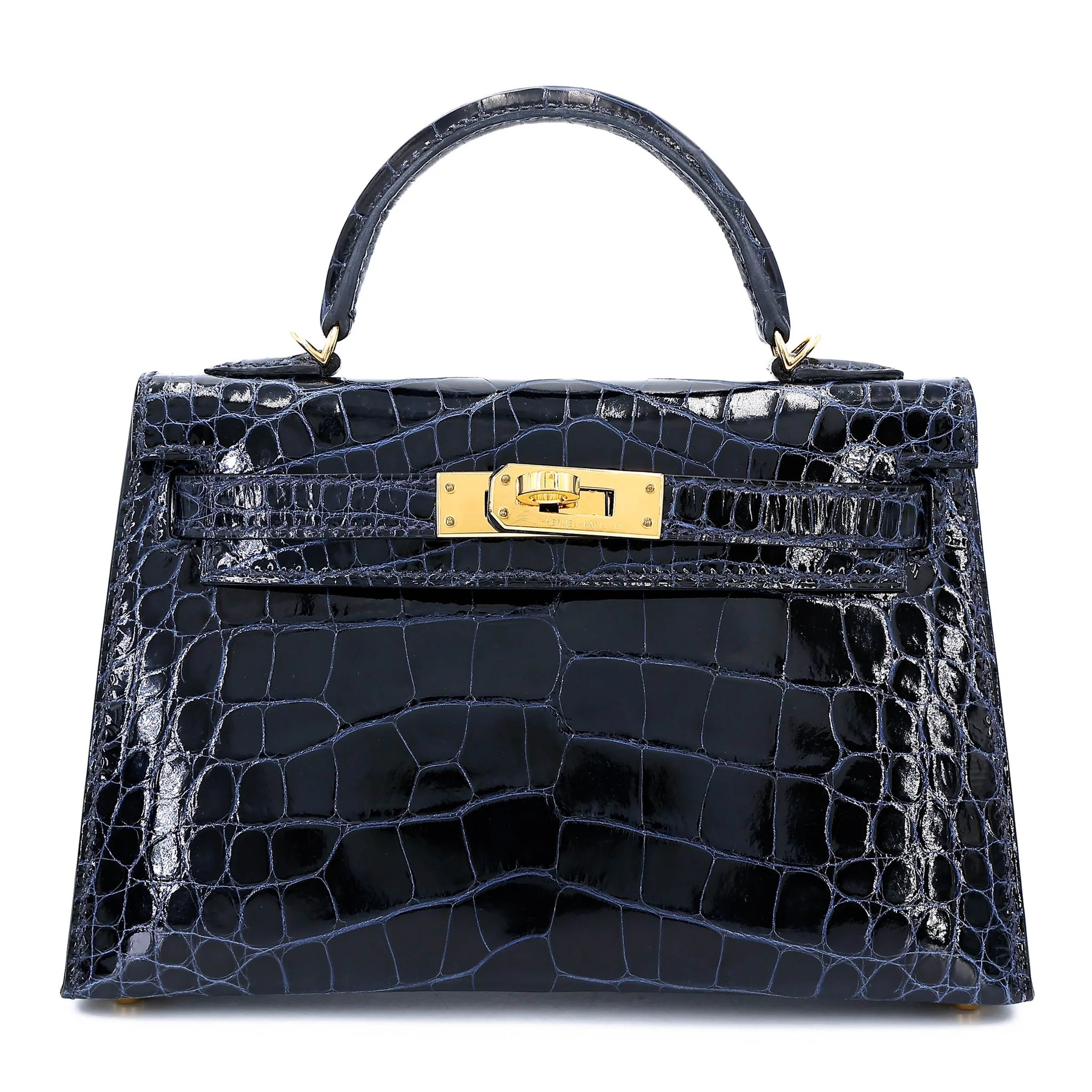 Very Good ( Rank A) HERMÈS Mini Kelly II Blue Marine (78) Shiny Alligator Gold hardware B (2023)