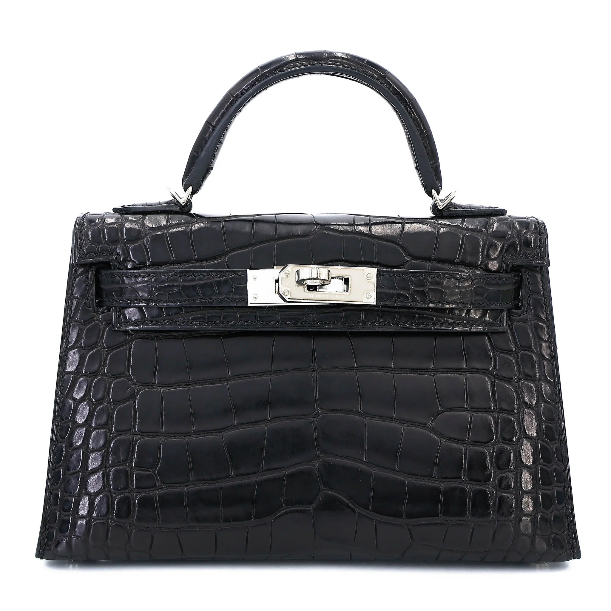 Very Good ( Rank A) HERMÈS Mini Kelly II Noir (89) Matte Alligator Palladium hardware C (2018)