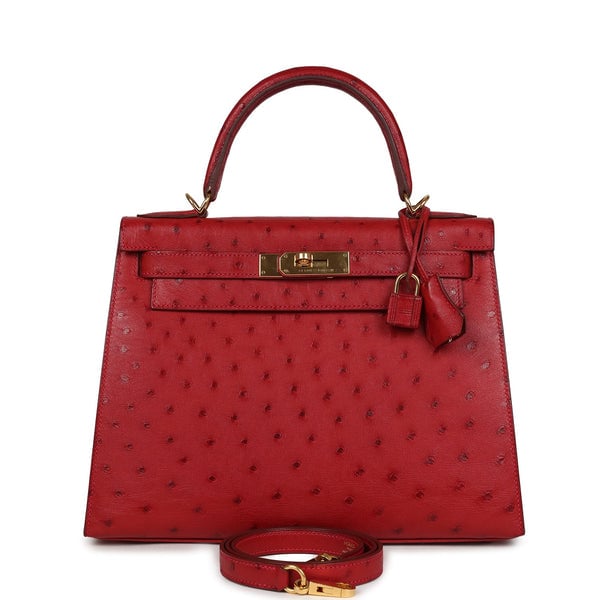 Hermes Pre-owned Hermes Kelly Sellier 28 Rouge Vif Ostrich Gold Hardware