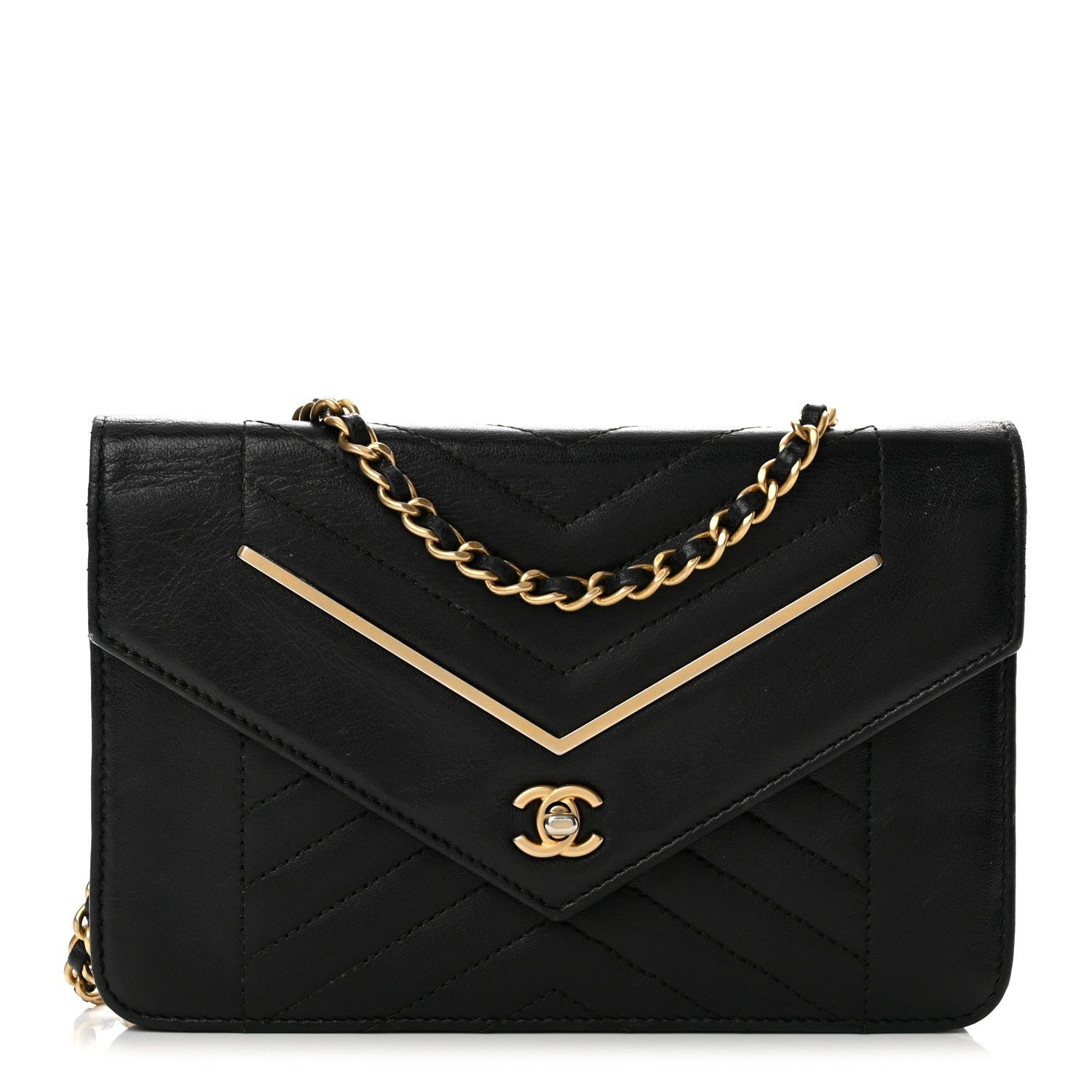 Chanel Lambskin Chevron Quilted Wallet On Chain WOC Black