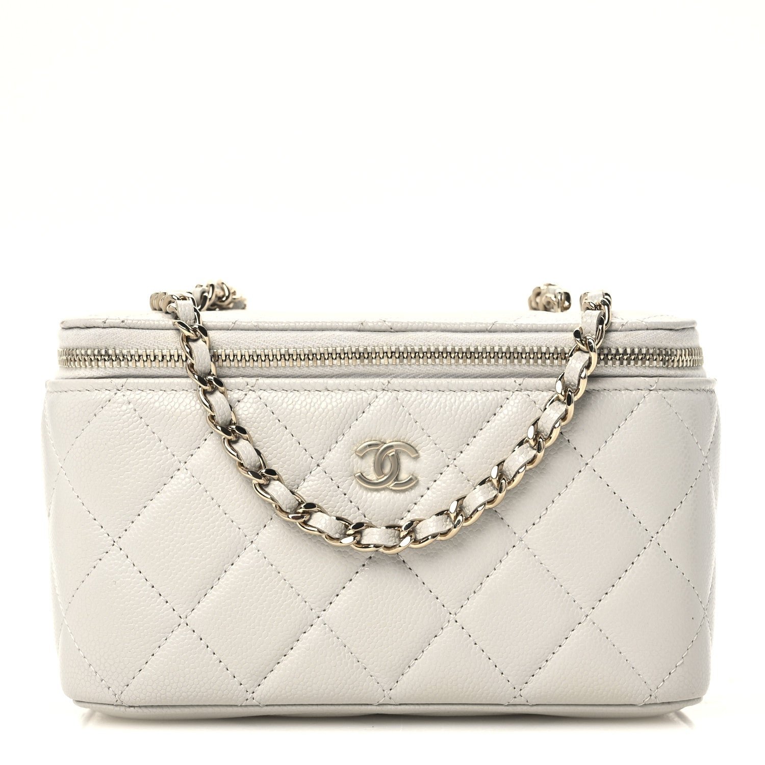 Caviar Quilted Small Tiny CC Vanity Case With Chain Light Grey