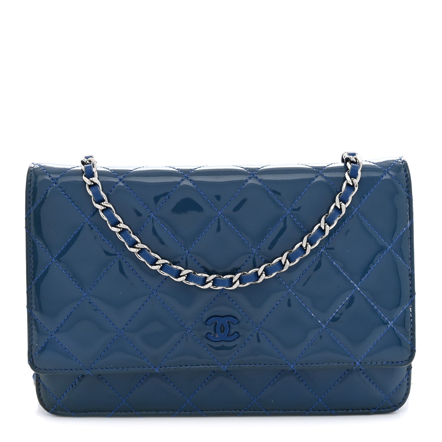 Chanel Patent Calfskin Quilted Wallet On Chain WOC Dark Blue