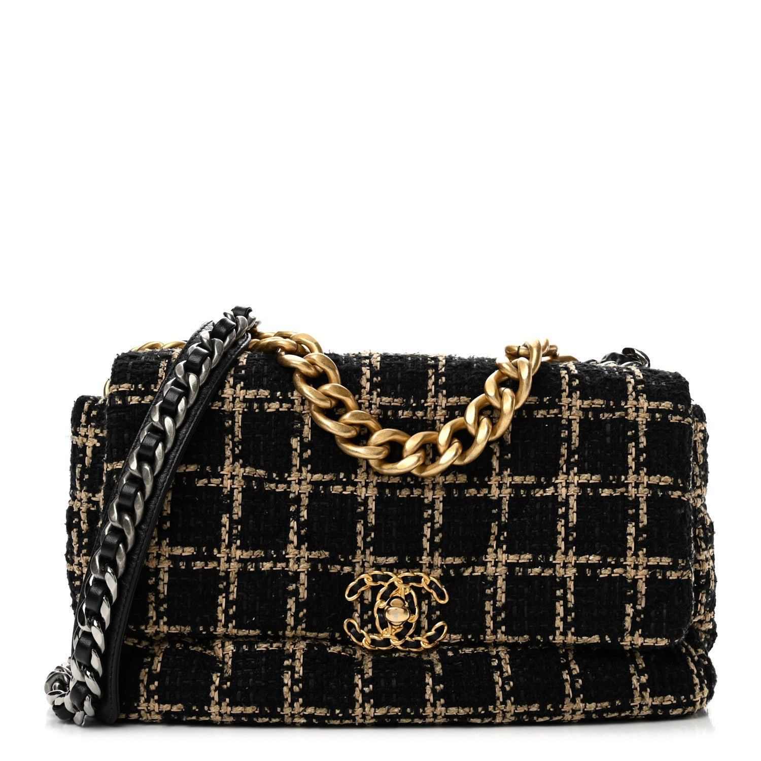 Chanel Tweed Quilted Medium Chanel 19 Flap Black Beige