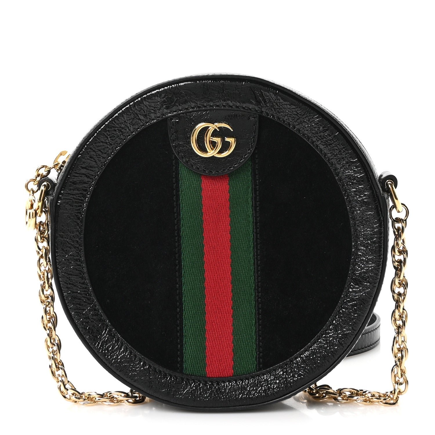 Gucci Suede Patent Web Mini Ophidia Round Shoulder Bag Black