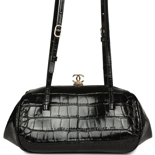 Chanel Clutch Bag with Leather Straps Black Croc Embossed Calfskin Gold Hardware