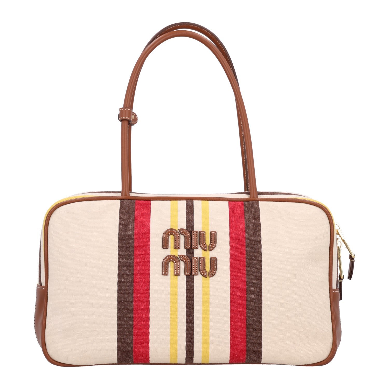 Miu Miu Canvas Calfskin Large Beau Top Handle Bag Naturale Moro