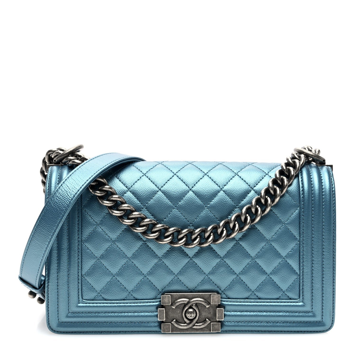 Chanel Metallic Caviar Quilted Medium Boy Flap Turquoise