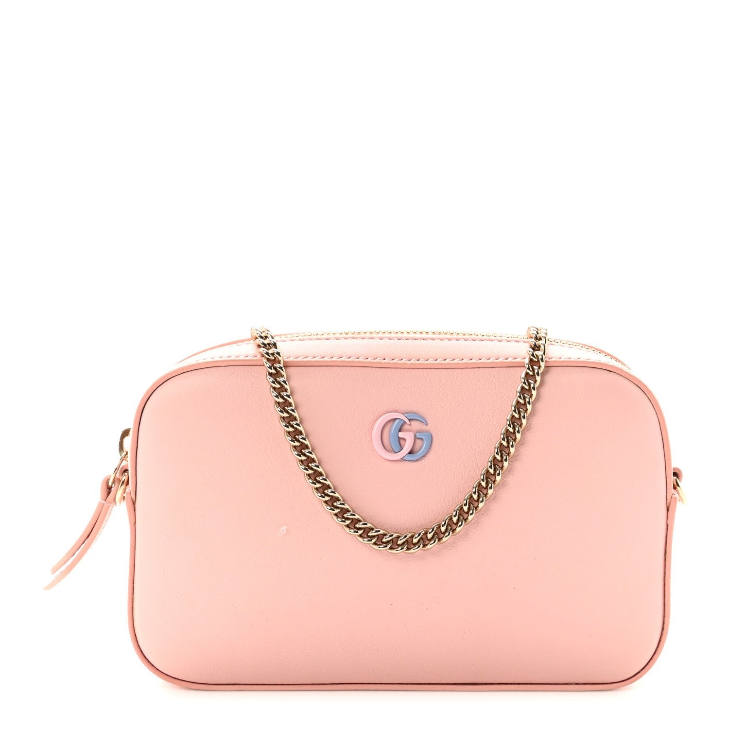 Gucci Dollar Calfskin Enamel Super Mini GG Marmont Chain Shoulder Bag Light Pink Blue