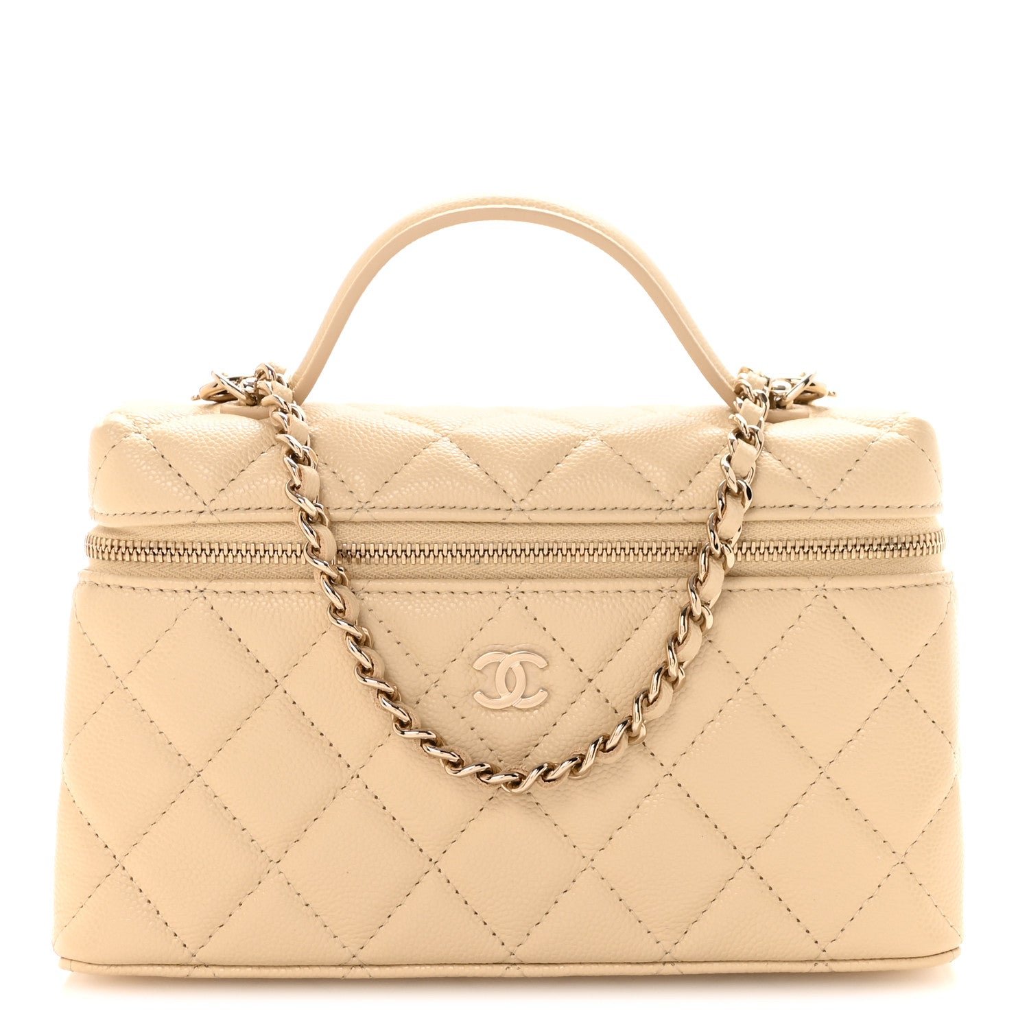 Chanel Caviar Quilted Top Handle Slim Vanity With Chain Beige