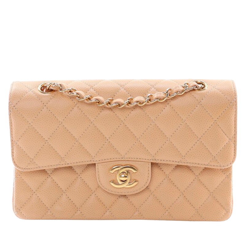 Chanel Beige Quilted Caviar Small Classic Double Flap Bag Gold Hardware, 2020s