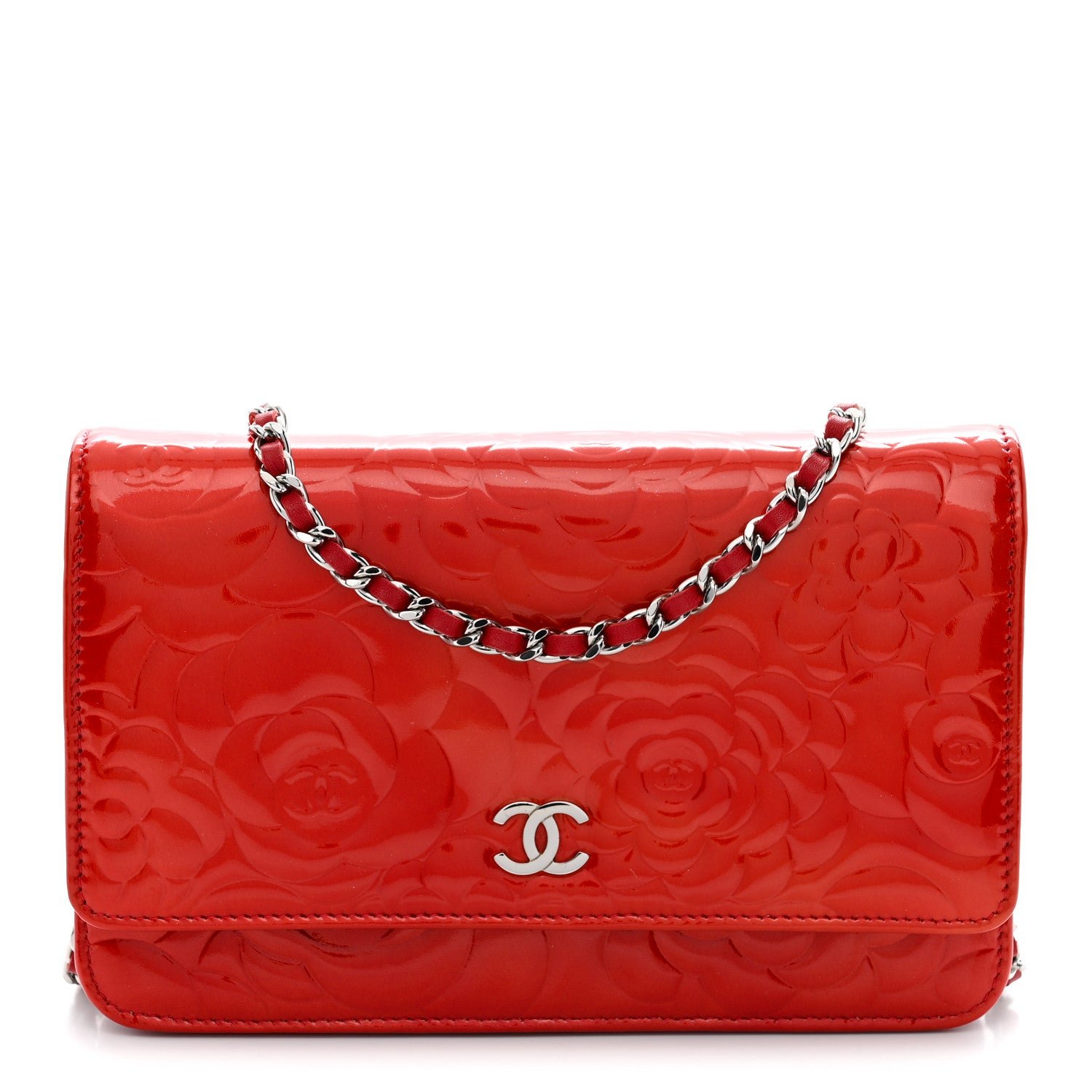 Chanel Patent Camellia Embossed Wallet On Chain WOC Dark Red