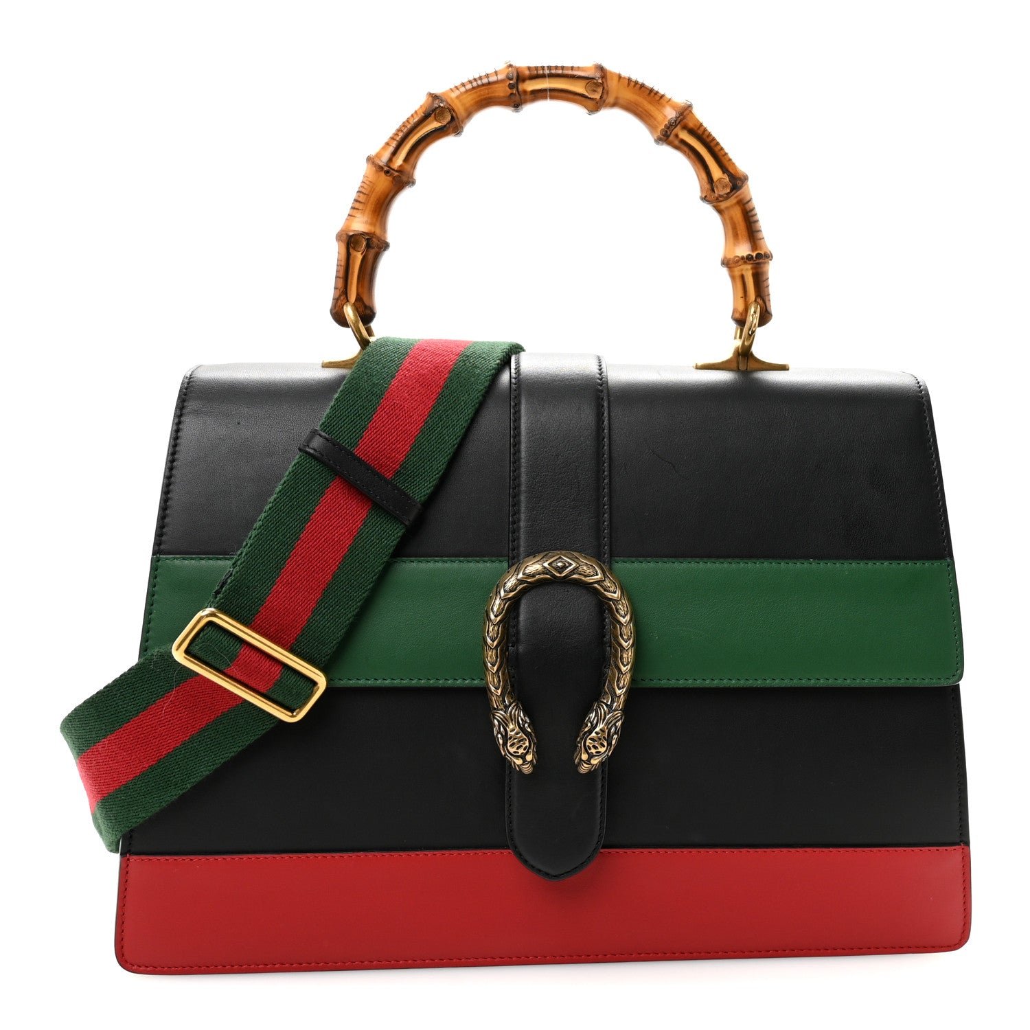 Gucci Calfskin Bamboo Web Large Dionysus Top Handle Bag Black Bright Evergreen Hibiscus Red