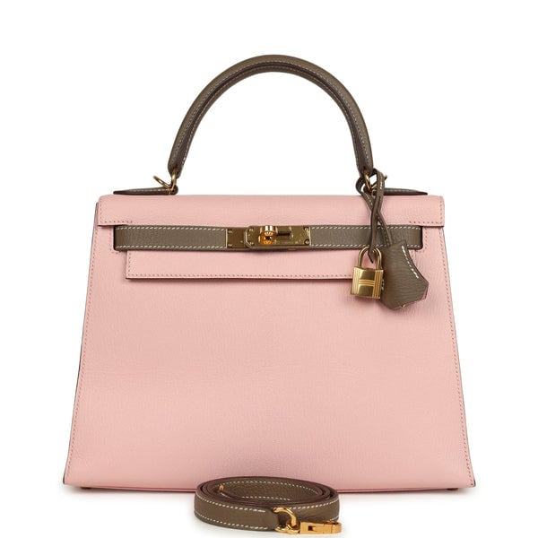 Hermes Pre-owned Hermes Special Order (HSS) Kelly Sellier 28 Rose Sakura and Etoupe Chevre Gold Hardware