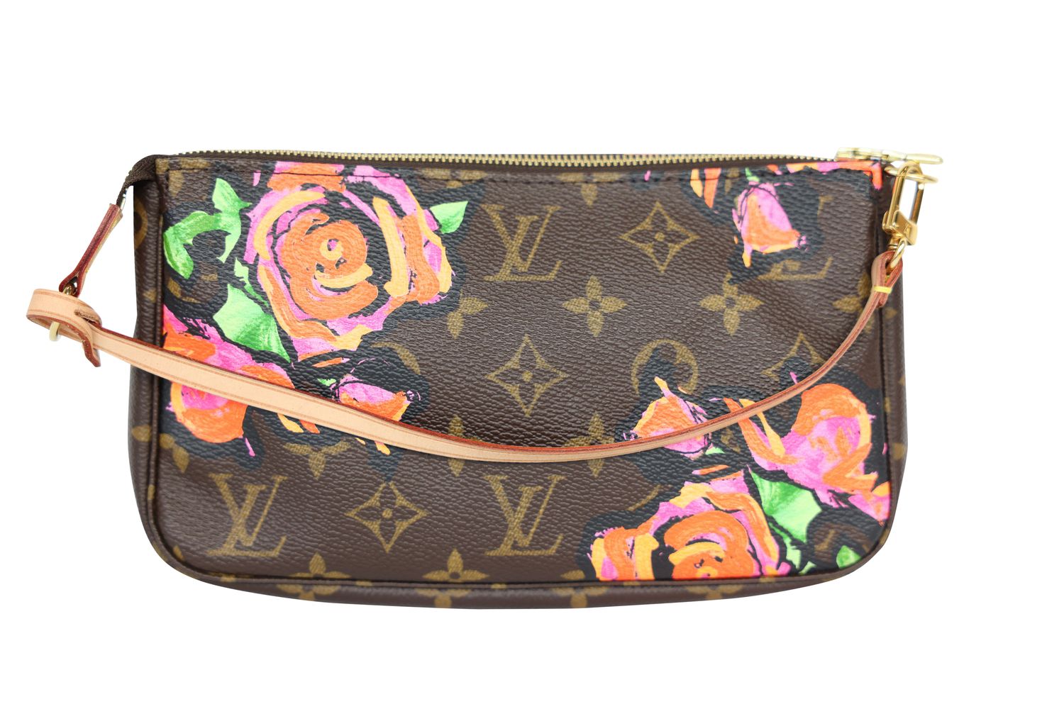 Louis Vuitton Louis Vuitton x Stephen Sprouse Pochette Bag, Monogram Roses Canvas and Natural Leather with Gold Hardware, Preowned in Dustbag WA001