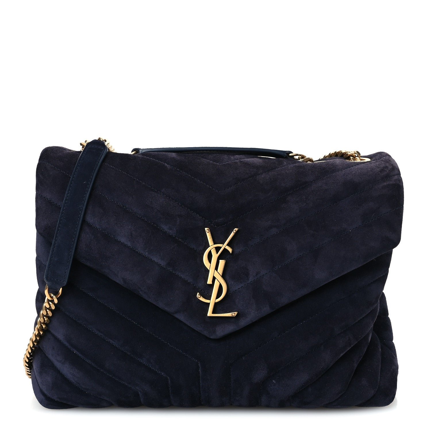 Saint Laurent Suede Calfskin Y Quilted Monogram Medium Loulou Chain Satchel Deep Marine