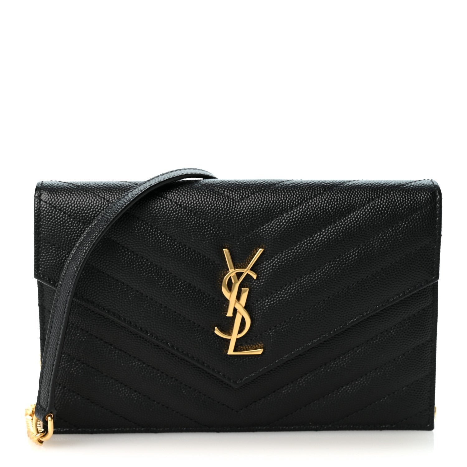 Saint Laurent Grain De Poudre Matelasse Chevron Monogram Envelope Chain Wallet Black