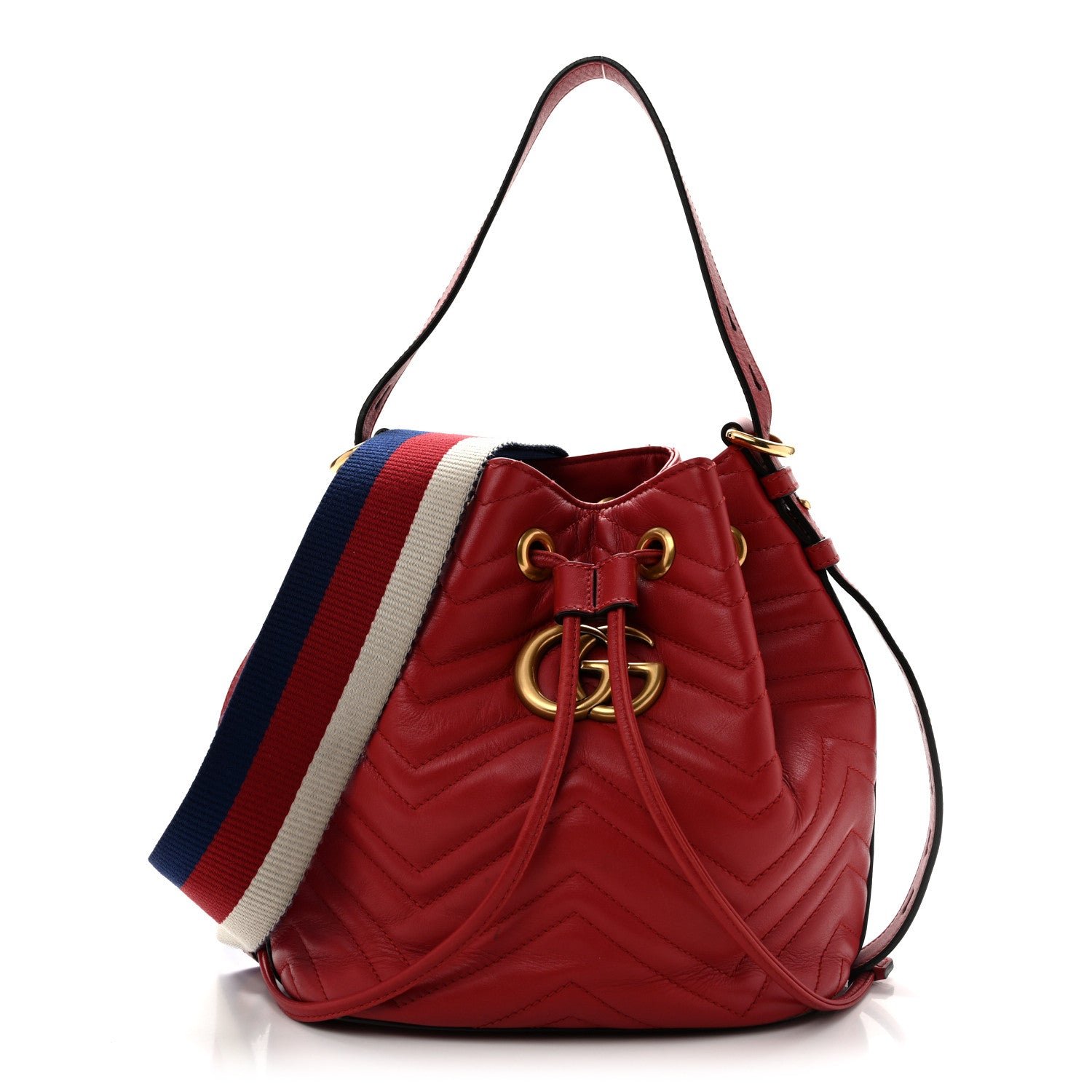 Gucci Calfskin Matelasse Sylvie Web GG Marmont Bucket Bag Hibiscus Red