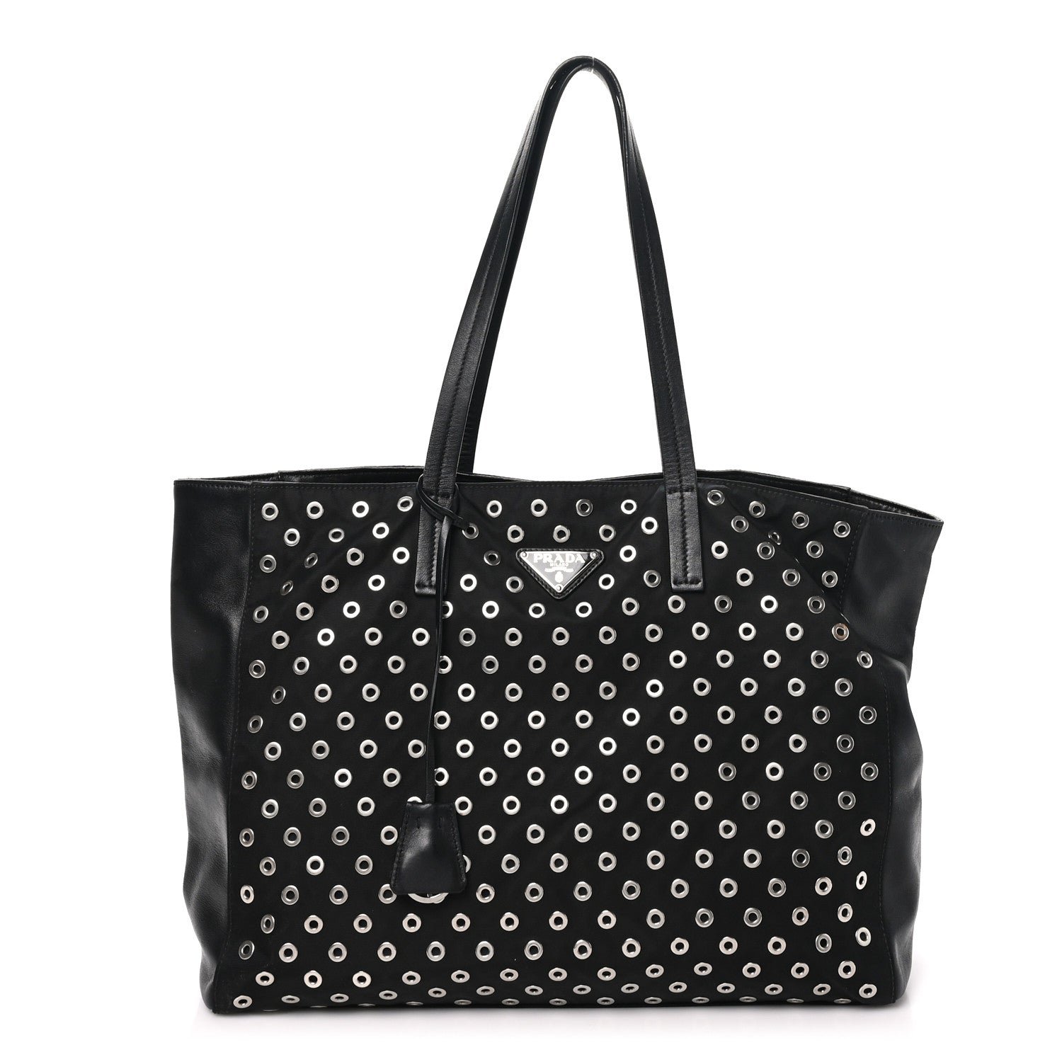 Prada Tessuto Nylon Calfskin Grommet Tote Black