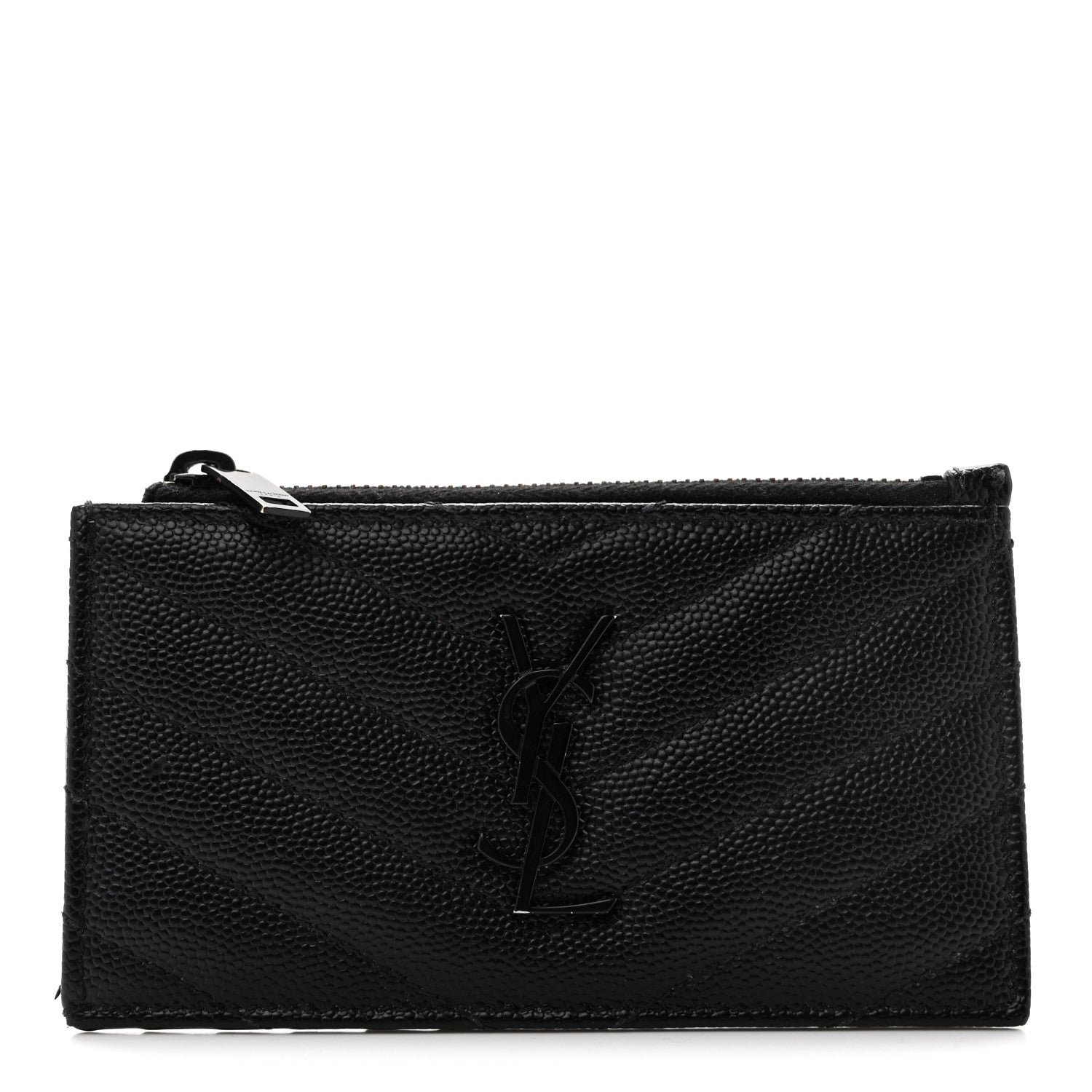 Saint Laurent Grain De Poudre Matelasse Chevron Monochrome Fragments Zippered Card Case Black