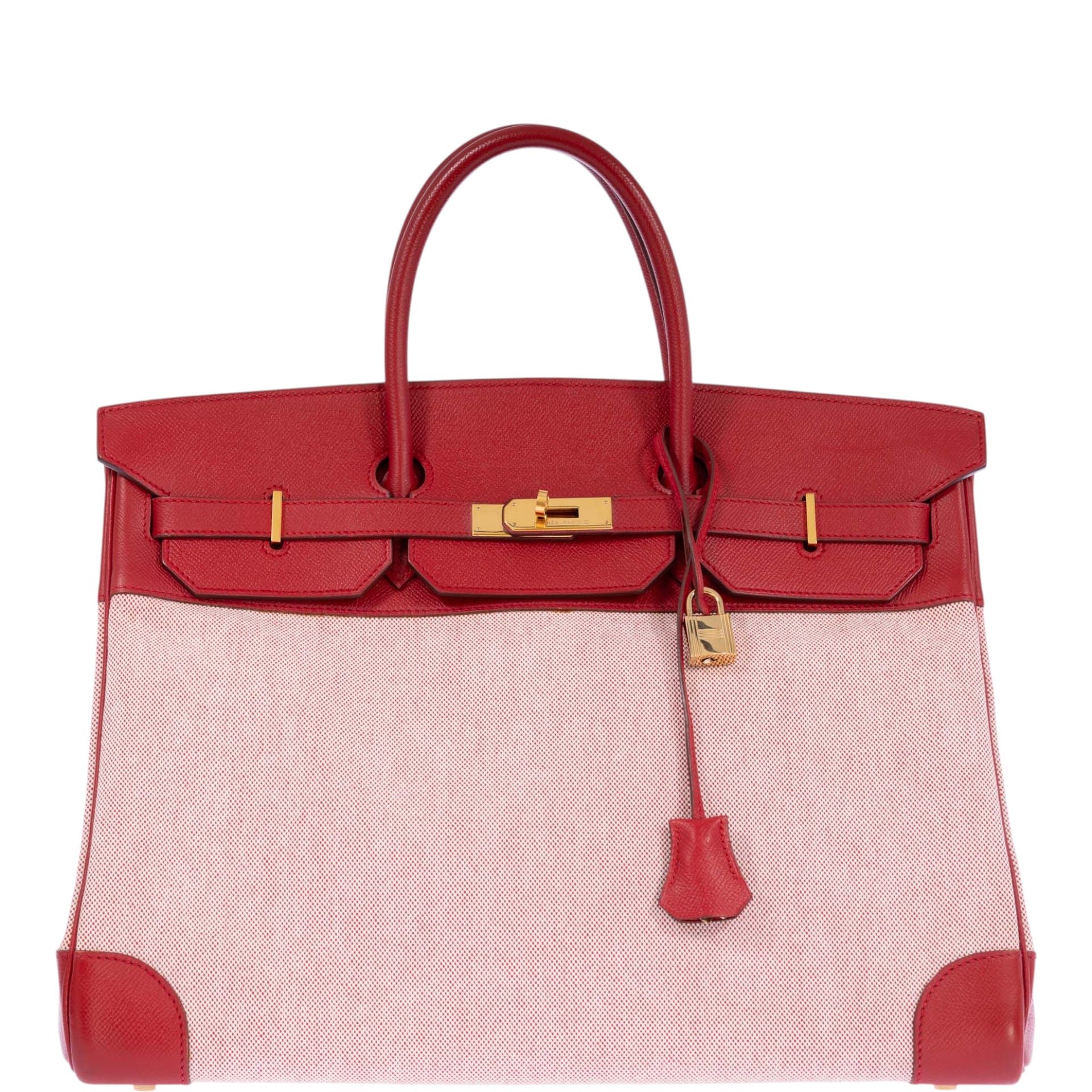 Hermes Hermès Birkin 40 Rouge Vif Toile and Courchevel with Gold Hardware