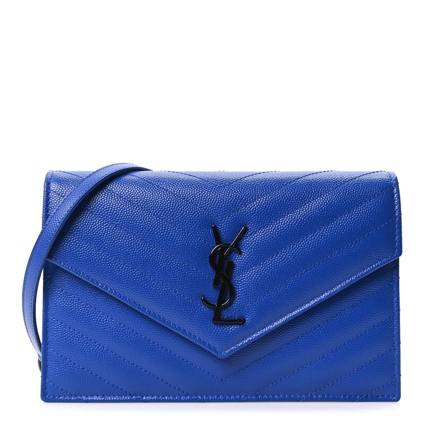 Saint Laurent Grain De Poudre Matelasse Chevron Monogram Envelope Chain Wallet Blue Majorelle