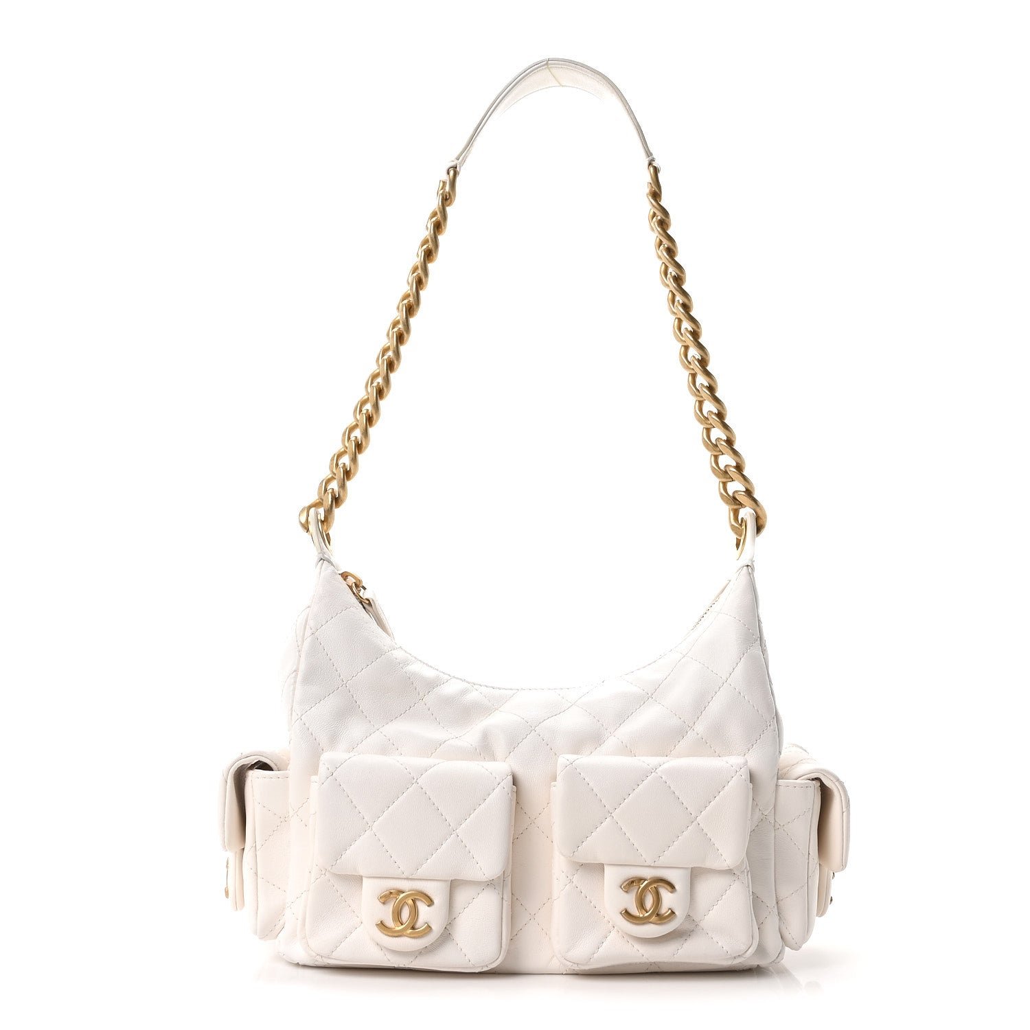 Chanel Shiny Lambskin Quilted Trendy Pockets Hobo White