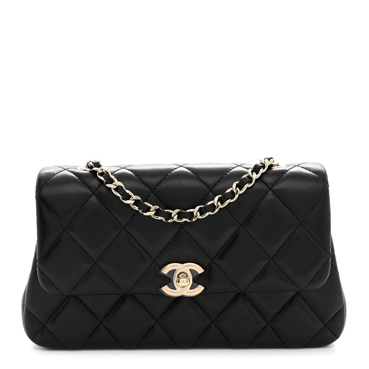 Chanel Lambskin Quilted Rectangular Phone Holder Clutch With Chain Black