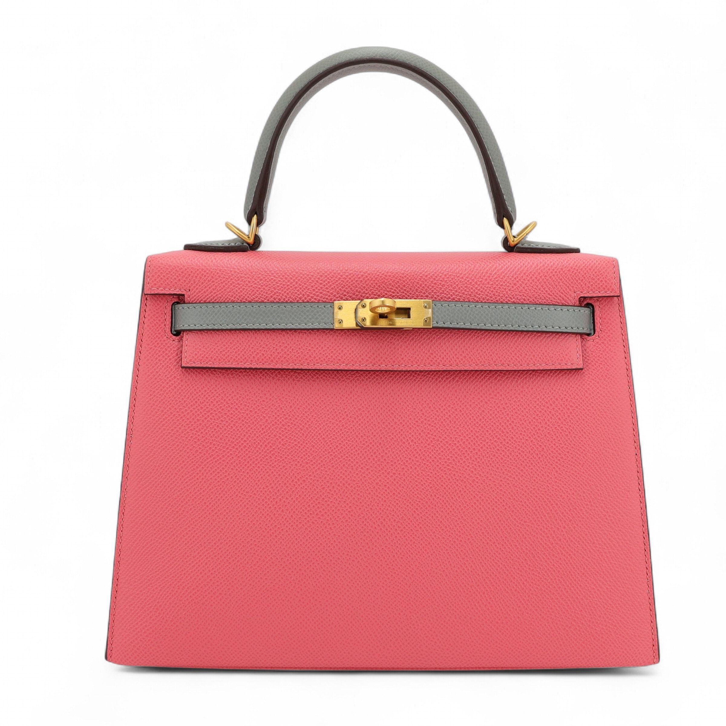 Hermes Very Good ( Rank A) HERMÈS Special Order Kelly 25 Sellier HSS Gris Mouette (4Z) Rose Azalee (8W) Epsom Brushed Gold hardware C (2018)
