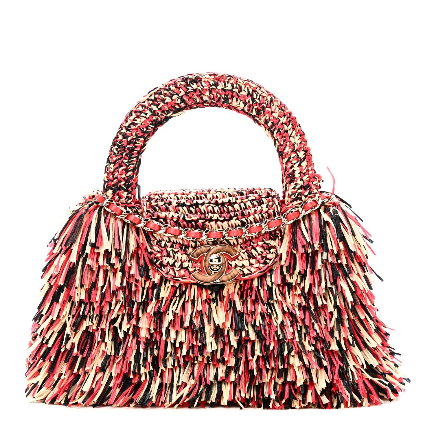 Chanel Raffia Fringe Nano Kelly Shopper Red Beige Black
