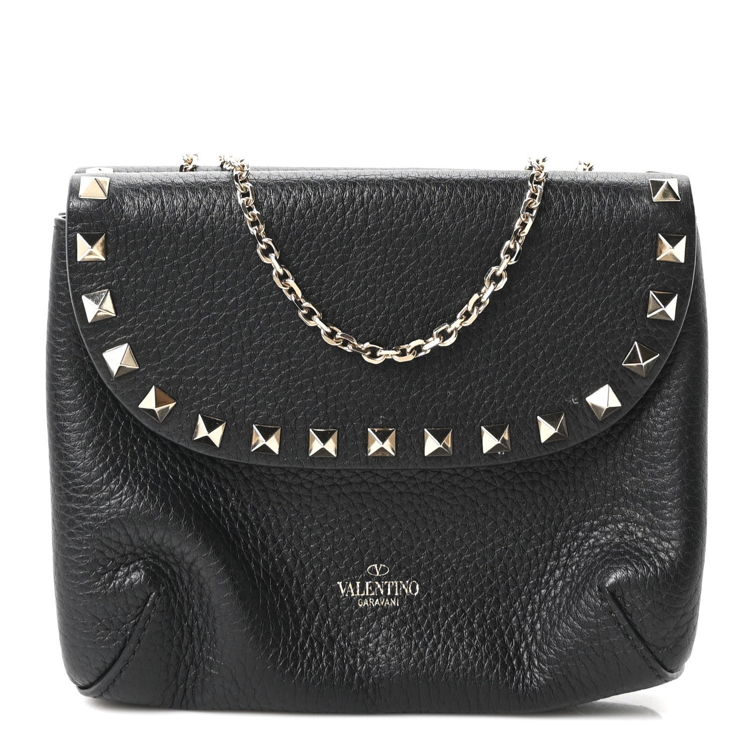 Valentino Garavani Pebbled Calfskin Rockstud Double Pocket Chain Crossbody Black