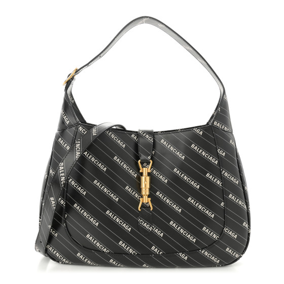 Gucci X BALENCIAGA Calfskin Logo Print Medium Jackie 1961 Hobo Black