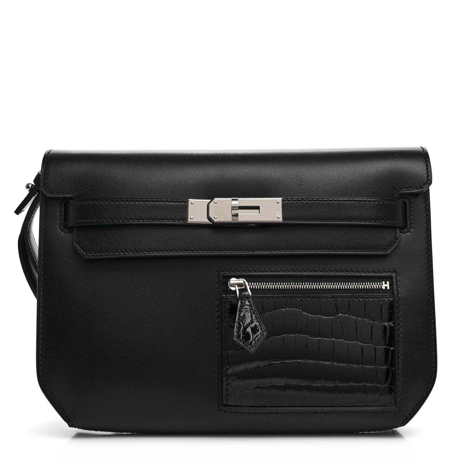 Hermes Swift Shiny Niloticus Crocodile Kelly Depeches 25 Pouch Black