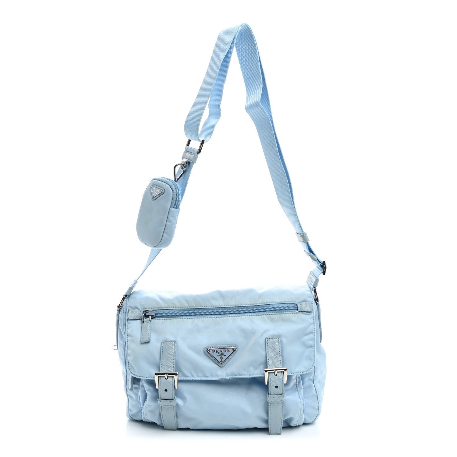 Prada Re-Nylon Vela Saffiano Pocket Double Buckle Messenger Shoulder Bag Celeste