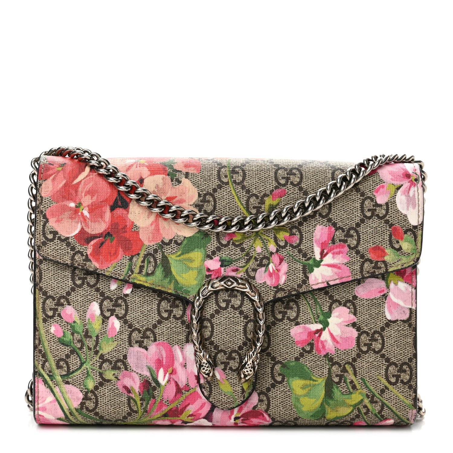 Gucci GG Supreme Monogram Blooms Mini Dionysus Chain Wallet Beige Multicolor Dry Rose