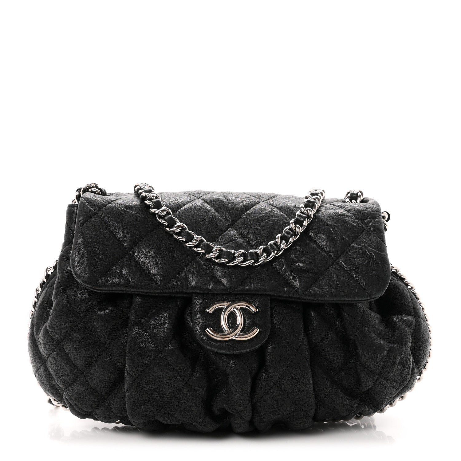 Chanel Washed Lambskin Quilted Medium Chain Around Messenger Black