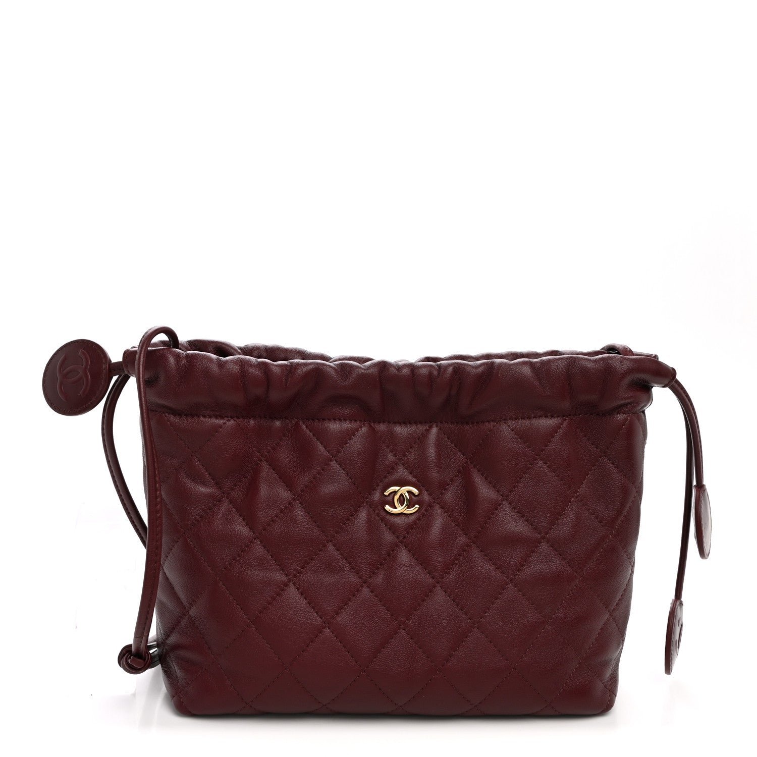 Chanel Lambskin Quilted Drawstring Clutch With Strap Dark Burgundy