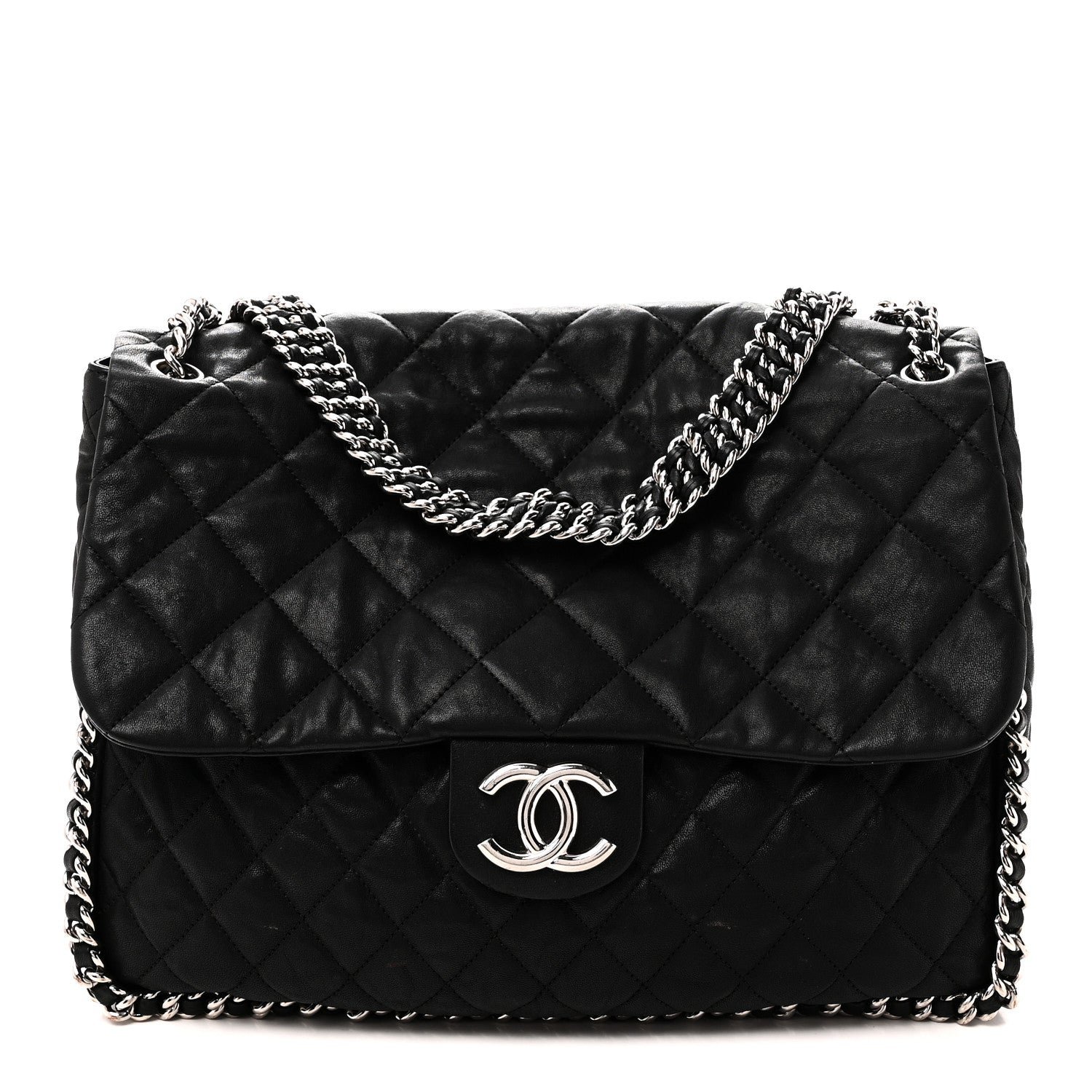 Chanel Washed Lambskin Quilted Maxi Chain Around Flap Black