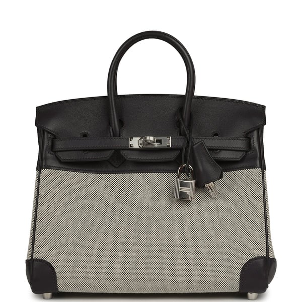 Hermes Pre-owned Hermes Birkin 25 Ecru-Black Toile H, Prunoir Swift Palladium Hardware