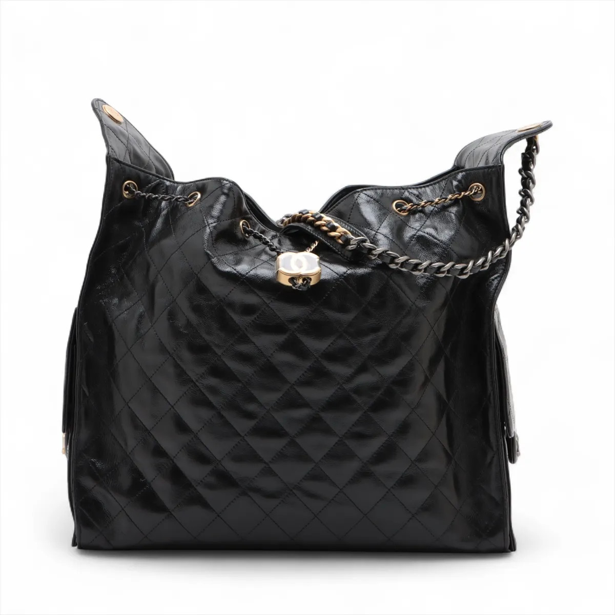Chanel Chanel 25 Large shiny lambskin Chain Shoulder Bag Black Gold x gunmetalli