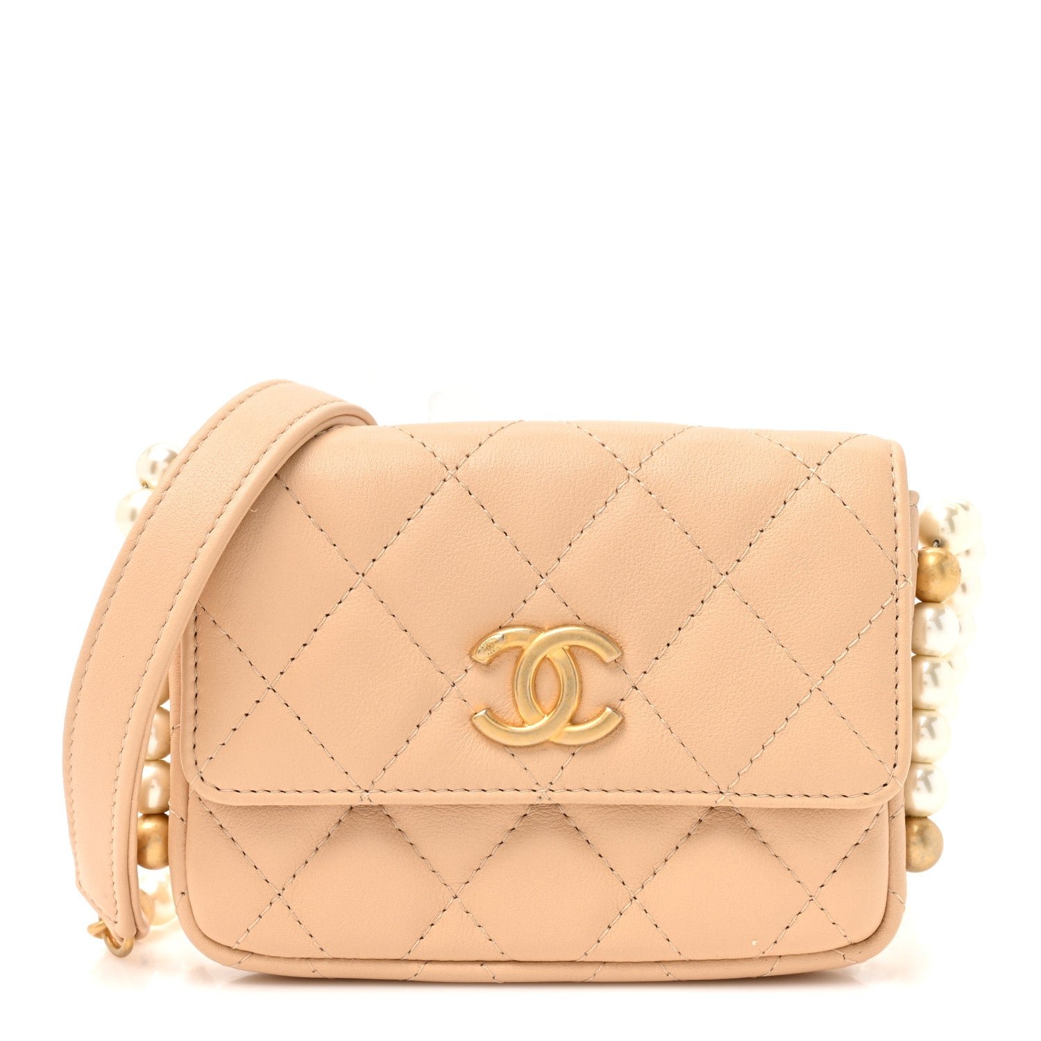Calfskin Quilted Maxi Pearls Card Holder Flap With Chain Beige