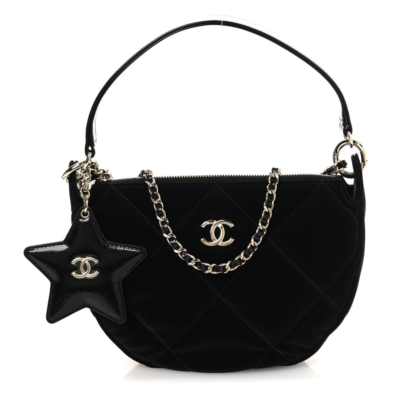 Chanel Velvet Effect Nylon Shiny Crumpled Calfskin Coco Neige Quilted Clutch With Chain Black