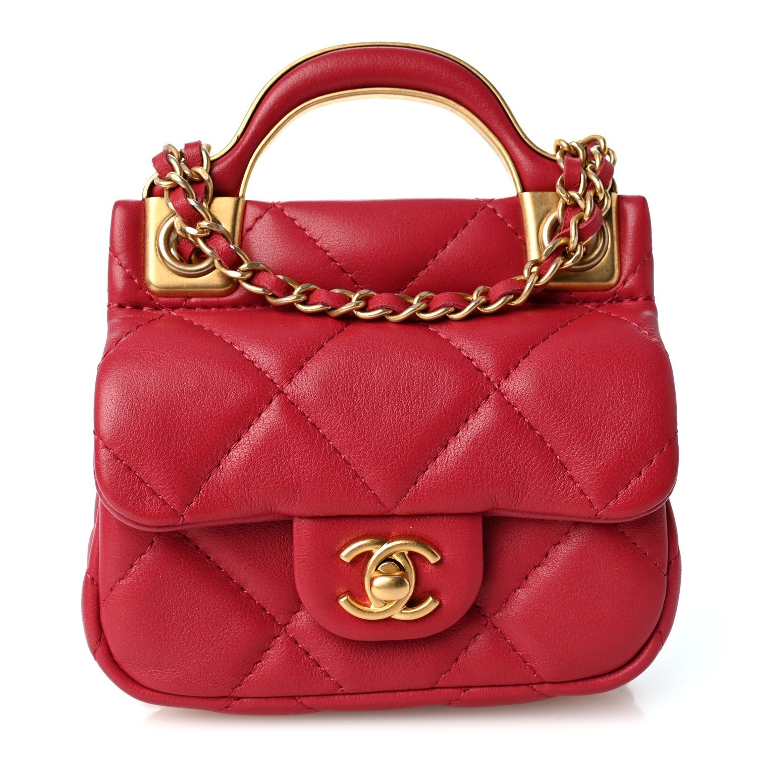 Chanel Calfskin Quilted Lady Handle Flap Card Holder With Chain Dark Pink