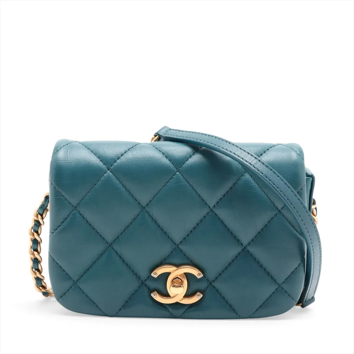 Chanel Matelasse Lambskin Chain Shoulder Bag Green Gold Metal Fittings 29th AS20