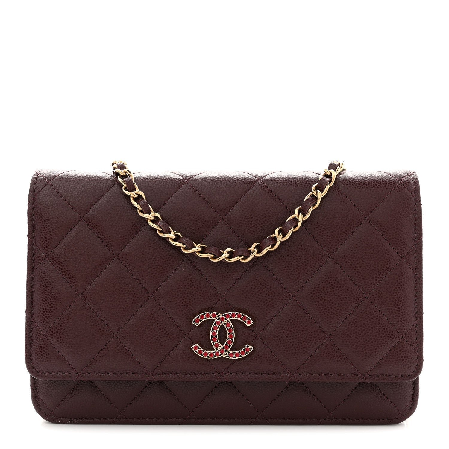 Chanel Shiny Caviar Quilted Strass Wallet On Chain WOC Bordeaux